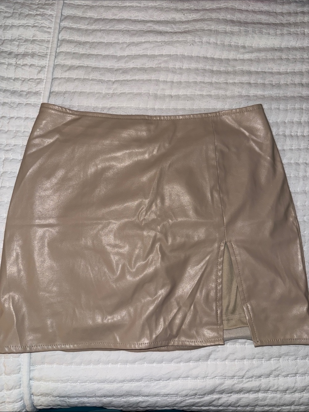 Fashion Nova Beige Faux Leather Mini Skirt with Front Slit